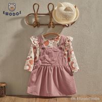 ▫✟ EWODOS manga comprida plissado bodysuit e veludo conjunto de vestido para bebê recém-nascido menina estampa floral roupas infantis 0-18m 2pcs primavera