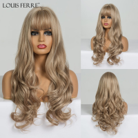 LOUIS FERRE Long Brown Blonde Golden Synthetic Wigs for Black Women Natural Wave Middle Part Cosplay Woman Wig Heat Resistant Gift ของขวัญ