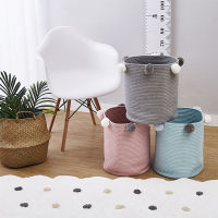 Cute Poms Storage Basket - Premium Cylindric Burlap Canvas Round Laundry Toy Storage Bin, Best Room Decor &amp; Hamper Organizer