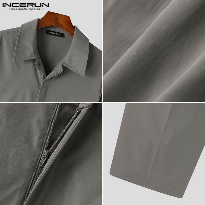 incerun-ปกเสื้อจัมป์สูทมีเข็มขัดคาร์โก้สำหรับผู้ชายแขนยาวธรรมดาชุดลำลอง-สไตล์เกาหลี