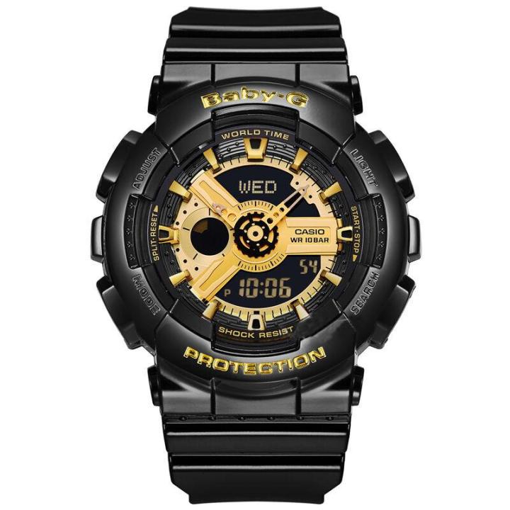 original-baby-g-ba110-women-sport-watch-dual-time-display-100m-water-resistant-shockproof-and-waterproof-world-time-led-light-girl-sports-wrist-watches-with-2-year-warranty-ba-110-1a-black-gold-ready-