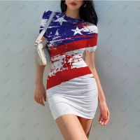 Sexy Womens Short Sleeve Dress O Neck Party Club Flag Print Bodysuit Vestido 2022 Vintage Midi Dress Casual Dress