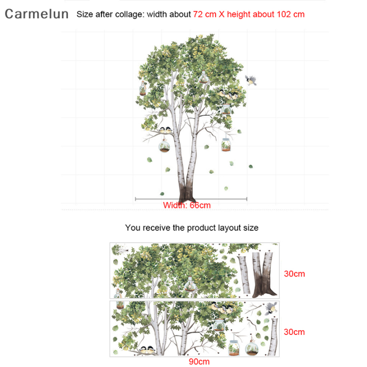 carmelun-สติ๊กเกอร์ติดผนังใบไม้สีเขียวต้นเบิร์ช-hiasan-kamar-โปสเตอร์บ้านนกตกต่งโปสเตอร์ห้องรับแขกห้องนอนผนัง-pvc