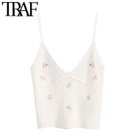 TRAF Women Sweet Fashion Floral Embroidery Cropped Knitted Blouses Vintage Backless Thin Straps Female Shirts Chic Tops