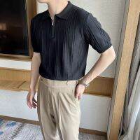 【Ready】? Italian zipper short-sed for men British retro sle jacqrd lapel pit strip ktted T- polo for men