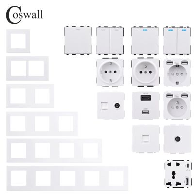 Coswall e20 série branco interruptor de parede do painel de computador tomada francesa da ue hdmi-compatível com usb tipo-c 18w carregador rápido tv rj45 módulo diy