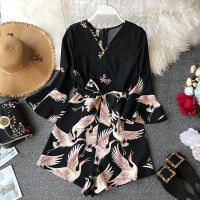 Sexy V-neck Red-crowned Crane Print Women Playsuit Romper Flare Sleeve Sash Belt Wide-leg Short Holiday Jumpsuits Summer Overall