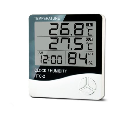 เครื่องวัดอุณหภูมิตัววัดอุณหภูมิความชื้นด้วยดิจิตอลอิเล็กทรอนิกส์แอลซีดีเครื่องวัดความชื้นในที่ร่ม HTC-2 HTC-1นาฬิกาพยาการณ์อากาศกลางแจ้ง