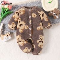 Ceeniu 0-12M Bear Baby Fleece Romper For Boys Girls Plush Cartoon Bear Jumpsuit Ovealls For Newborns Baby Birth Winter Clothes