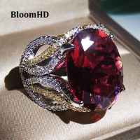 BloomHD ขายดียุ้ยฝังไข่รูป Red Zircon แหวนผู้หญิงอินเทรนด์หมั้นแหวนแต่งงานกับอัญมณีหินใหญ่ Anel-ในแหวน