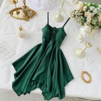 ZZOOI FMFSSOM Women Sexy Spaghetti Strap Dresses Summer Female V Neck Sleeveless High Waist Dress Ladys Sash Tie Up Dress