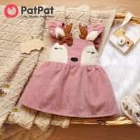 PatPat Baby Girl 3D Antlers Pink Ruffle แขนกุดผ้าลูกฟูกชุดโดยรวม