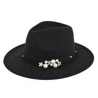 Female Four Seasons Fedoras Hats Flat Brim Jazz Caps Woolen 56-58Cm Decorative Pearl Flowers Elegant Lady LM0110