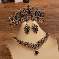 ชุดเครื่องเพชรพลอยเจ้าสาวคริสตัลสีดำสีทองบาร็อคคริสตัล Tiaras Crown Earrings Choker สร้อยคอชุดแต่งงานผู้หญิงชุดเครื่องประดับดูไบ