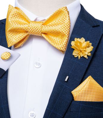 Fashion Yellow Solid Men 39;s Bow Ties Wedding Party Groom Bowknot Brooch Pin Set 100 Silk Butterfly Gravatas Gift For Men DiBanGu