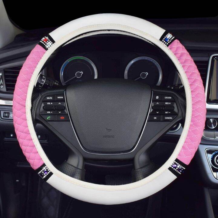 automobile-accessories-พวงมาลัยรถยนต์สีชมพูสีขาว37ซม-38ซม-สำหรับเครื่องประดับ-hiasan-interior-เพชรระยิบระยับสำหรับผู้หญิง