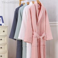 ▦┋﹍ Waffle Hotel Robe para Homens e Mulheres Kimono de Banho Toalha Roupão Robes Água Vestido Longo Pijamas Algodão 2 Camadas