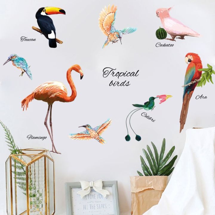 24-home-accessories-tropical-green-leaves-flamingo-birds-สติ๊กเกอร์ติดผนังดอกไม้โปสเตอร์-plant-living-room-decor-ตกแต่ง-vinyls-ที่ถอดออกได้-home-decal