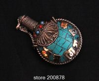 ﺴ▧ BYH008 Nepal hand crafted brass Inlaid Green Turquoise Round Snuff bottle65mmTibetan six words mantras amulets crafts