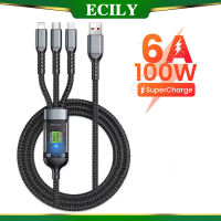 ECILY 6A สายสัญญาณภาพดิจิตอล3 In 1,ไมโคร USB ชาร์จเร็ว100วัตต์ประเภท C สายสำหรับข้อมูล I-Phone 14 13 12 Pro Max Huawei สูงสุด Samsung Xiaomi