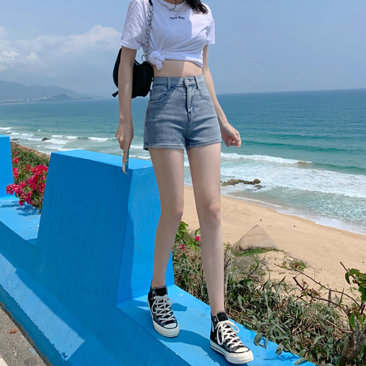 กางเกงขาสั้นผ้ายีนส์สีฟ้าอ่อนผู้หญิงเอวสูง-2023-สไตล์เกาหลียอดนิยม-a-กางเกงขาสั้นผ้ายืดเรียบง่ายแมทช์ง่าย