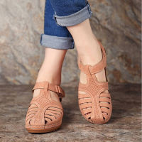 Women’S Vintage Wedge Sandals Soft Pu Leather Closed Toe R Anti-Slip Sandals Women Hollow Shoes