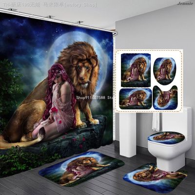 【CW】✴☏﹍  Print Shower Curtains Tiger Curtain Set Anti-slip Soft Toilet Lid Cover Rugs