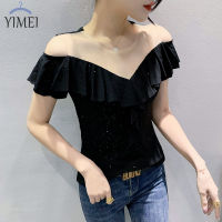 YIMEI เสื้อเปิดไหล่เซ็กซี่สำหรับผู้หญิงเสื้อสตรี2023ใหม่ฤดูใบไม้ผลิและฤดูร้อนเสื้อยืดผ้าตาข่ายมีระบายให้ความรู้สึกเสื้อเพชรสุดฮอตของผู้หญิง