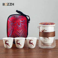 BOZZH Travel Porcelain ชุดน้ำชาพร้อมกระเป๋าเซรามิคจีน Puer กาน้ำชาแบบพกพากลางแจ้งดอกไม้กรองชาดื่ม Set