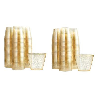 Gold Plastic Cups Clear Plastic Wine Glasses, Fancy Disposable Hard Plastic Cups with Gold Glitter for Party Cups 100Pcs