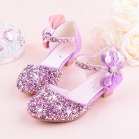 【Love ballet】2019 Girls Bow-Knot Princess Shoes With High-Heeled Kids Glitter Dance Performance Summer Shoes Purple Pink Amp;