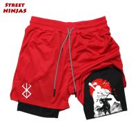 Berserk 2 in 1 Compression Shorts for Men Athletic Performance Anime Gym Shorts with Phone Pockets Quick Dry Workout Fitness