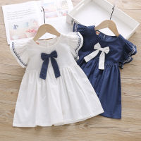 Summer Baby Girl Bowknot Lapel Print Casual Dress Short Sleeve Princess Dress