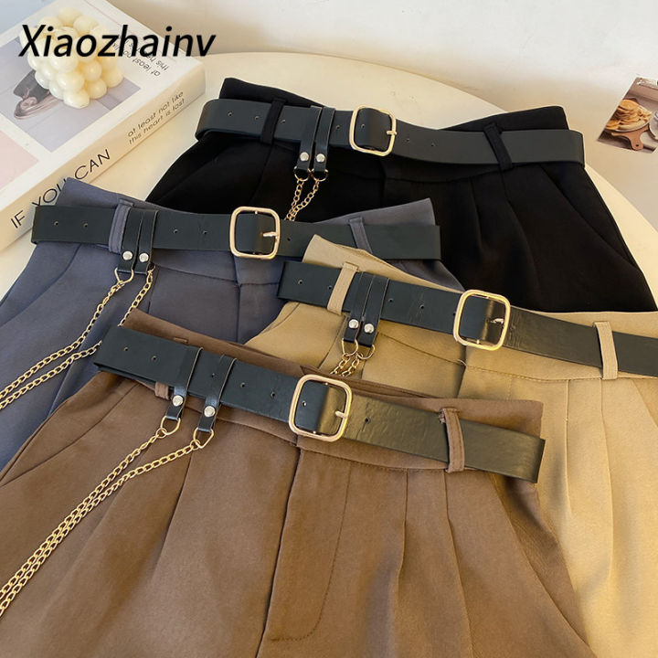 xiaozhainv-ชุดสูทเอวสูงสีทึบและกางเกงขาสั้นสำหรับผู้หญิงฉบับภาษาเกาหลี