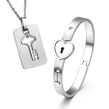 Silver Lovel Lock Bracelet with Key Necklace Couple Gift