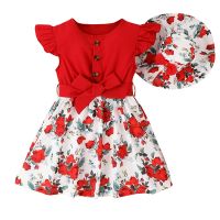 Kids Baby Girls Floral Dress Summer Flying Sleeves Princess A-line Dress and Sun Hat Set for Toddler Beach Party Wear 4-7T  by Hs2023