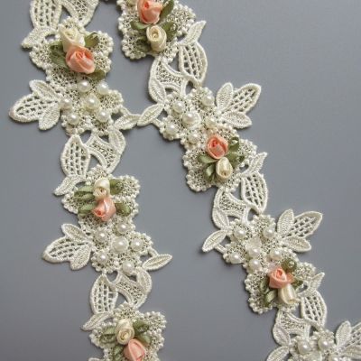 1 Yard Vintage Pearl Flower Floral Embroidered Lace Edge Trim Ribbon Applique Patches Fabric Sewing Craft