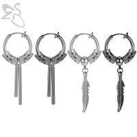 1 PC 14มม.Kpop Punk สแตนเลสโลหะทรงกลมฤดูใบไม้ผลิห่วงฮัคกี้ต่างหูแบบหนีบบาร์ Feather Dangle ต่างหูรูปหยดน้ำสีดำเงินต่างหูเจาะ Rock เครื่องประดับแนวฮิปฮอป Unisex ของขวัญ