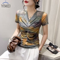 YIMEI เสื้อยืดผู้หญิงสไตล์กว่างโจวสุดเข้ารูปพอดีและสวยงาม,ใหม่2023ฤดูร้อนเสื้อคอวีแขนสั้นเสื้อดีไซน์สุดฮอตประดับเพชรสำหรับผู้หญิงให้ความรู้สึกมีจีบเสื้อยืดผ้าตาข่าย