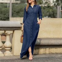 Ladies Denim Solid Color Dress 2023 Summer New Shirt Collar Button Long Denim Skirt Mom Skirt Dress Women Elegant Casual Wear