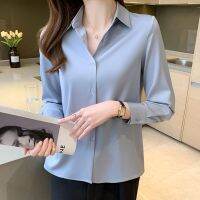 ❉✆ Womens Long-Sleeved Satin Shirts Fashionable Solid Color Lapel Blouse Professional Wear Classy Tops