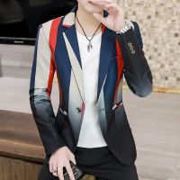 ZZOOI 2021 Multicolor Geometric Ombre Style Blazer Suit mens casual Korean jacket handsome spring style youth striped best man suit