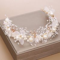 Handmade Floral White Flowers Hair Band Pearl Ribbon Yarn Wedding Headbands Bridal Pageant Head Pieces For Women Tiaras Jewelry