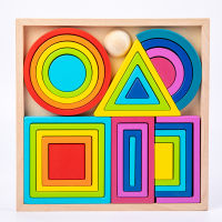 Montessori Building Blocks Set Rainbow Wood Box Frame Geometric Shape Stacking Towers Early Education Toys for Children Kid Baby
