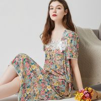 ™☁ Summer Sleepdress Women Cotton Nightgown Sleepshirts Short Sleeve Homewear Floral Lace Long Dressing Gown Casual Nightdress Lady