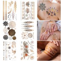 1 แผ่นแฟลชรอยสักชั่วคราวสำหรับผู้หญิง Henna Body Arm Art Fake Gold Silver Tattoo สติกเกอร์สำหรับชายหาดเทศกาลงานปาร์ตี้