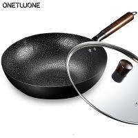 Onetwone กระทะเหล็กไม่เคลือบผิว32ซม. พร้อมกระทะทอดทำด้วยมือฝาหม้อแบบแก้วสำหรับใช้แก๊สและเตาแม่เหล็กไฟฟ้าเครื่องครัวจีนกระทะสำหรับทำอาหารเพื่อสุขภาพของกำนัลวันหยุดอุปกรณ์ทำอาหารในครัว