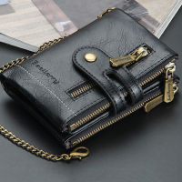 Men Vintage Double Zipper Multi-slot Short Wallet Mini Purse with Chain card holder Passport cover purse Mens wallet leather