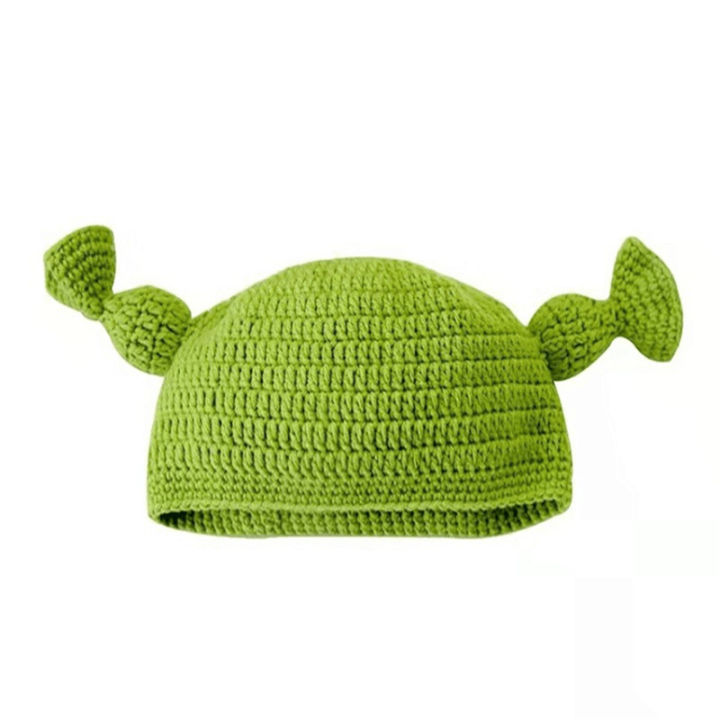 cod-หมวกแบบเดียวกันกับเด็กหมวกถักสีเขียวเด็กมอนสเตอร์เชร็คหมวกแดงออนไลน์หมวกขนสัตว์ทำด้วยมือสำหรับเด็ก