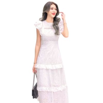 P013-008 PIMNADACLOSET - Sleeveless CrewNeck Cotton Eyelet  Embroidery Tiered A-Line Flowy Midi Dress